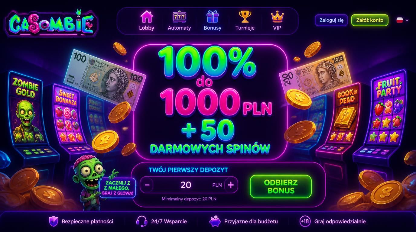 obrazek ekranu powitalnego bonusu 100% do 1000 PLN z 50 darmowymi spinami, motyw polski i budżet minimalny 20 zł
