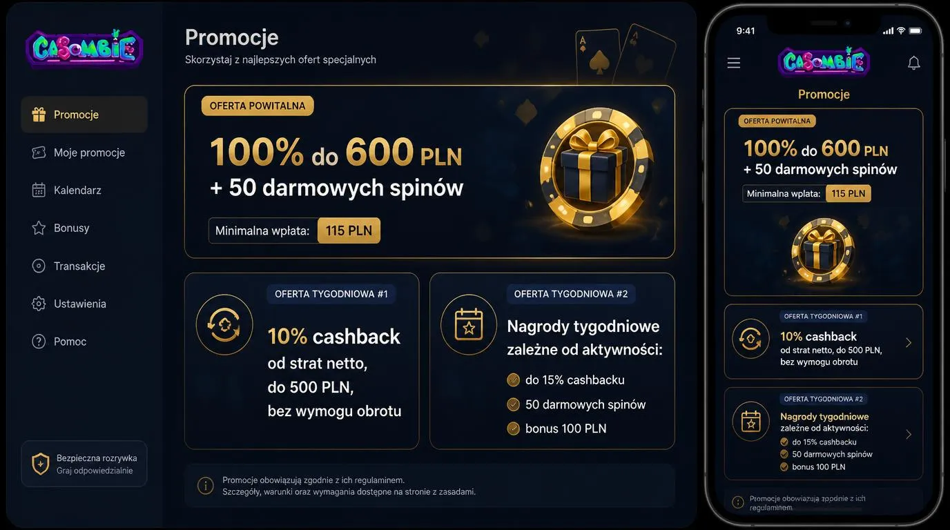 Panel promocji kasyna z bonusem powitalnym, darmowymi spinami i ofertami cashbacku