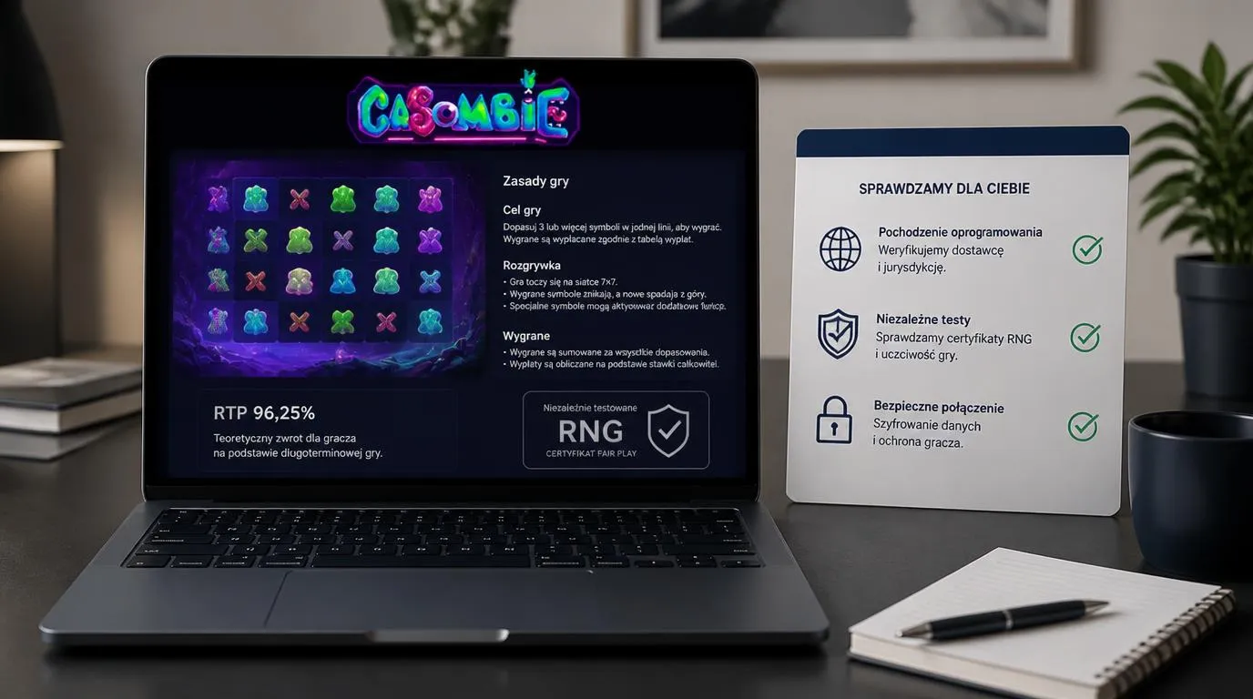 Ekran gry kasynowej z panelem zasad, informacją o RTP i symbolem niezależnego testu RNG