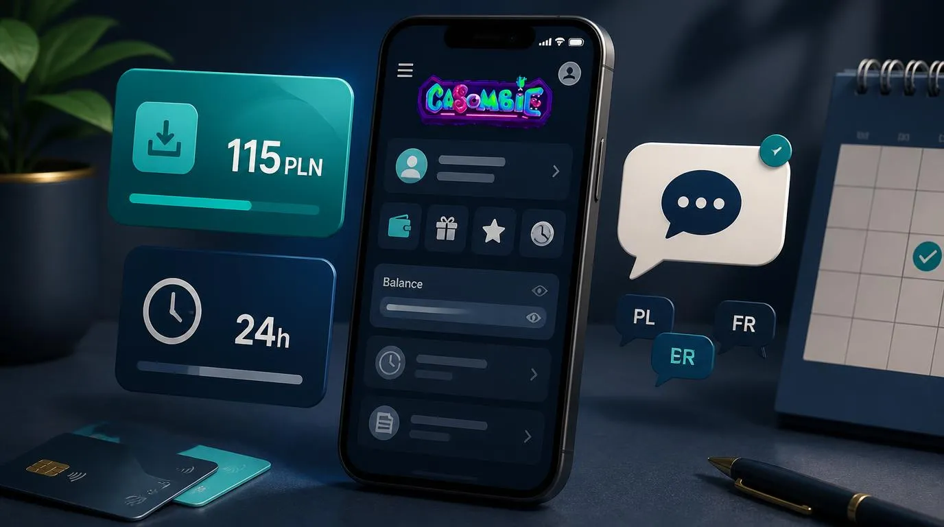 Telefon z panelem wpłaty 115 PLN, zegarem wypłaty 24 godziny i ikoną wielojęzycznego czatu