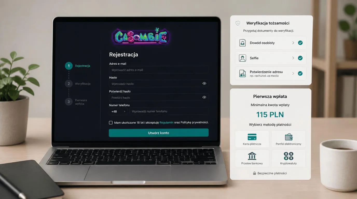 Ekran rejestracji i wyboru metody pierwszej wpłaty w kasynie online